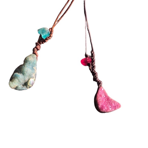 Pink Druzy Natural Raw Ruby and Rhodochrosite Leather Necklace - Picture 14 of 15